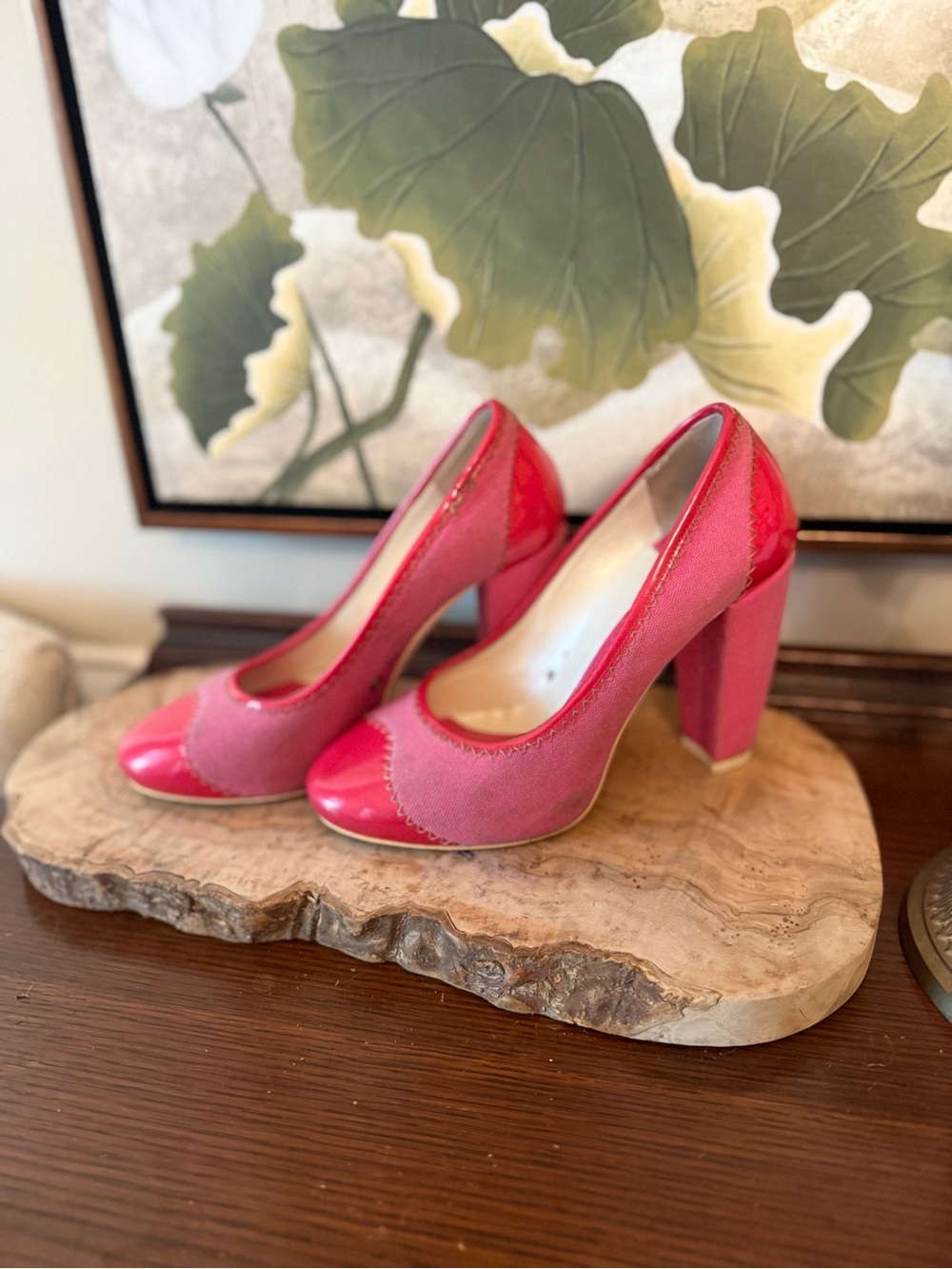 Theory Pink Vinyl and Canvas Pumps heels chunky hot pink barbie y2k halloween